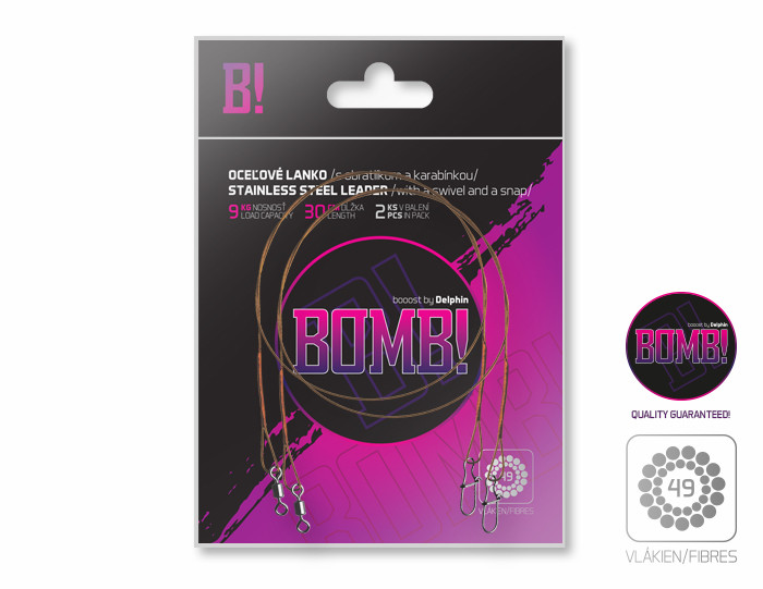 Delphin Ocelové lanko s obratlíkem a karabinkou Bomb! 40 cm/14 kg (2 ks)