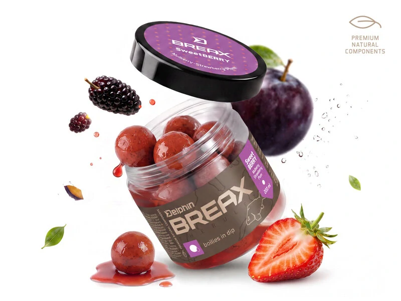 Delphin Boilies v dipu BreaX SweetBERRY Moruše Jahoda Švestka 20mm/200ml