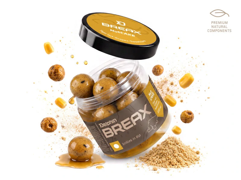 Delphin Boilies v dipu BreaX NutCAKE Tygří Ořech Scopex Sladká Kukuřice 24mm/200ml