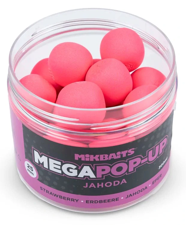 Mikbaits Mega plovoucí fluo boilie Jahoda 25mm/300ml