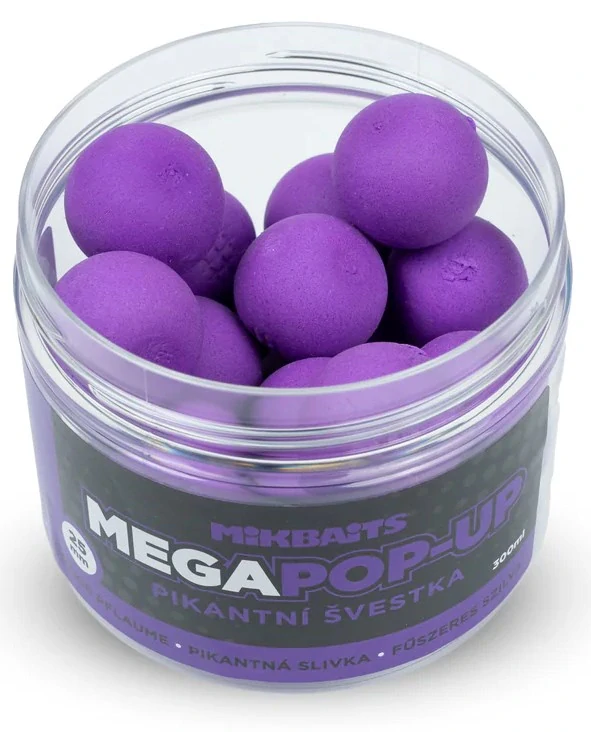 Mikbaits Mega plovoucí fluo boilie Pikantní švestka 25mm/300ml