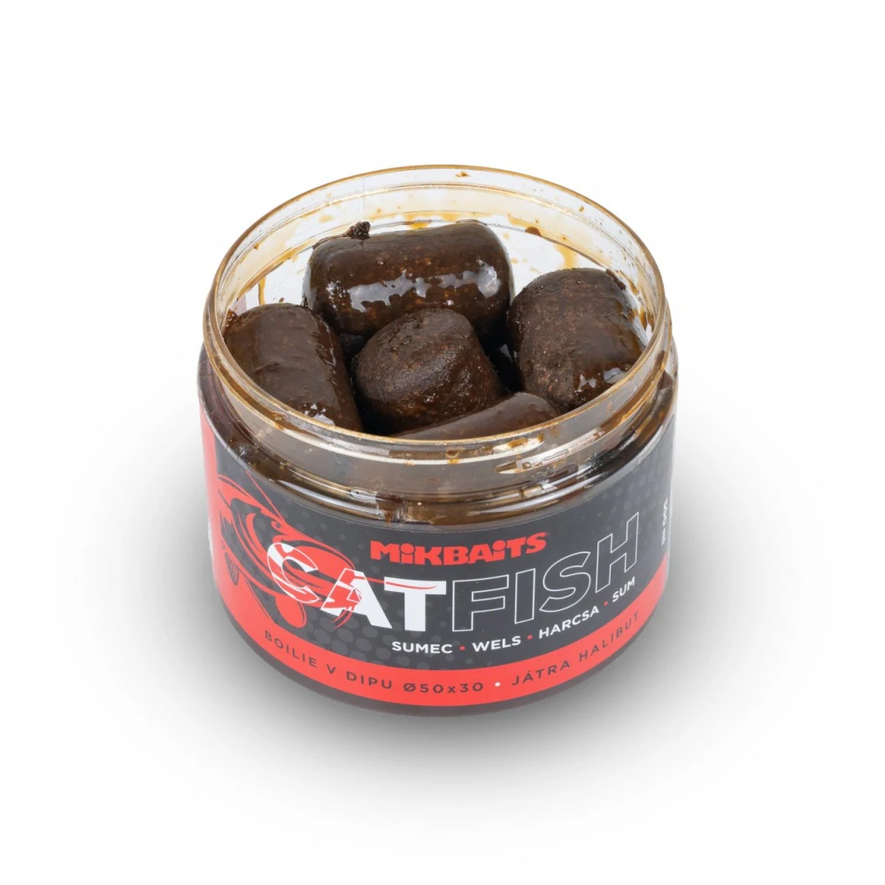 Mikbaits Catfish sumec řada boilie v dipu Játra Halibut 50x30mm/500ml