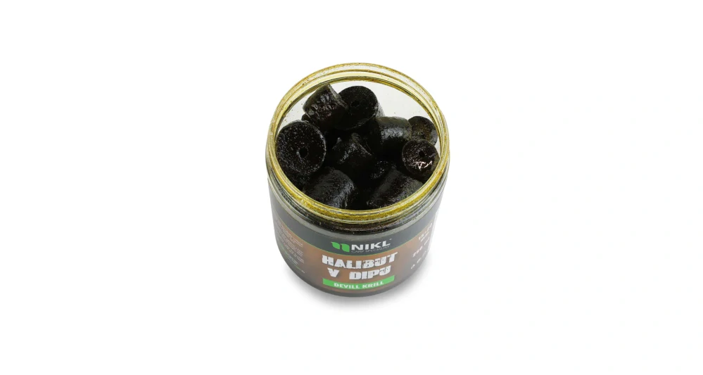 Nikl Black halibut pelety v dipu Devill Krill 15+20mm/250ml