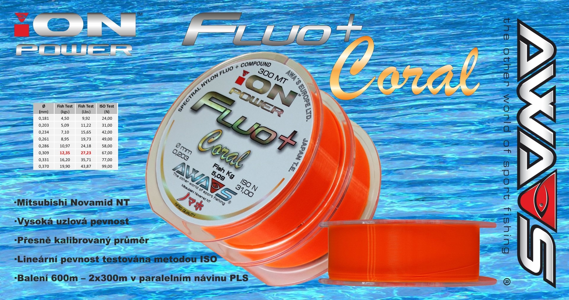 AWA-SHIMA Vlasec ION POWER Fluo+ Coral 0,331mm/16,20kg/600m - 2x300m