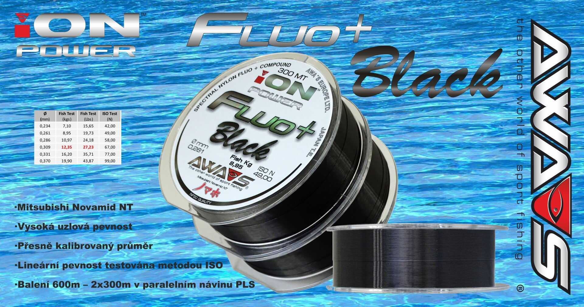 AWA-SHIMA Vlasec ION POWER Fluo+ Black 0,37mm/19,90kg/600m - 2x300m