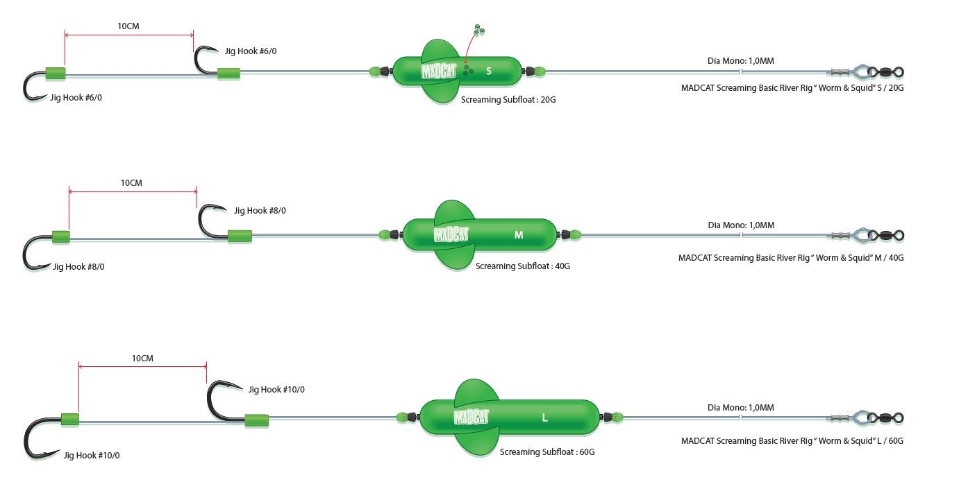 Madcat Hotový návazec Screaming Basic River Rig Worm and Squid 1,00mm/160cm - 6/0+6/0 20g