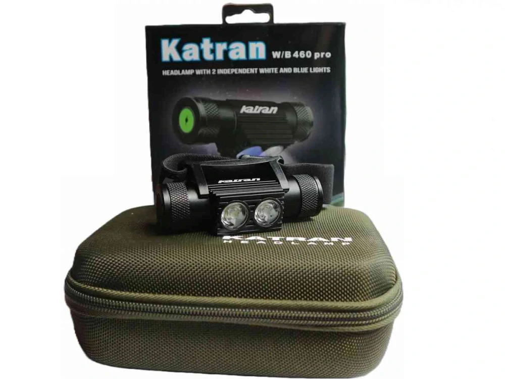Katran Čelová dobíjecí svítilna Headlamp W/B 460 PRO modrá a bílá LED + box + náhradní baterie zdarma NEW